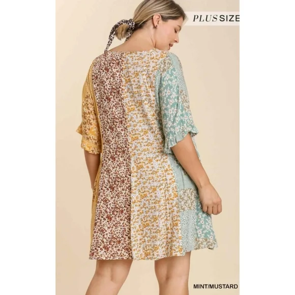 LAST ONE! NEW Umgee Plus Mixed Floral Print Ruffle Dress Pockets - Picture 2 of 12